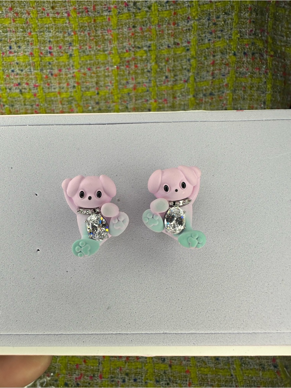 Super cute pink and green Puppy diamond earring